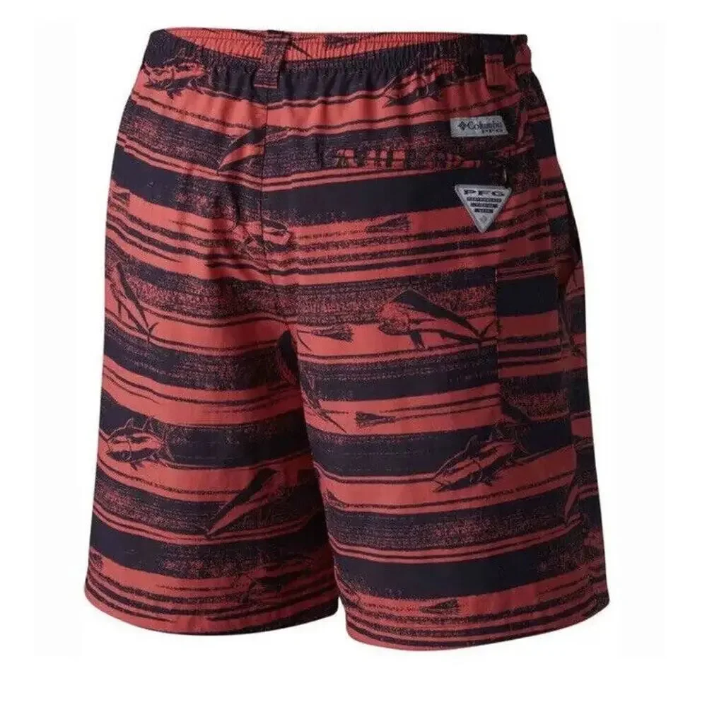 Columbia PFG Backcast II Swim Trunks Men M Red Blue Striped Shorts Nylon Fishing